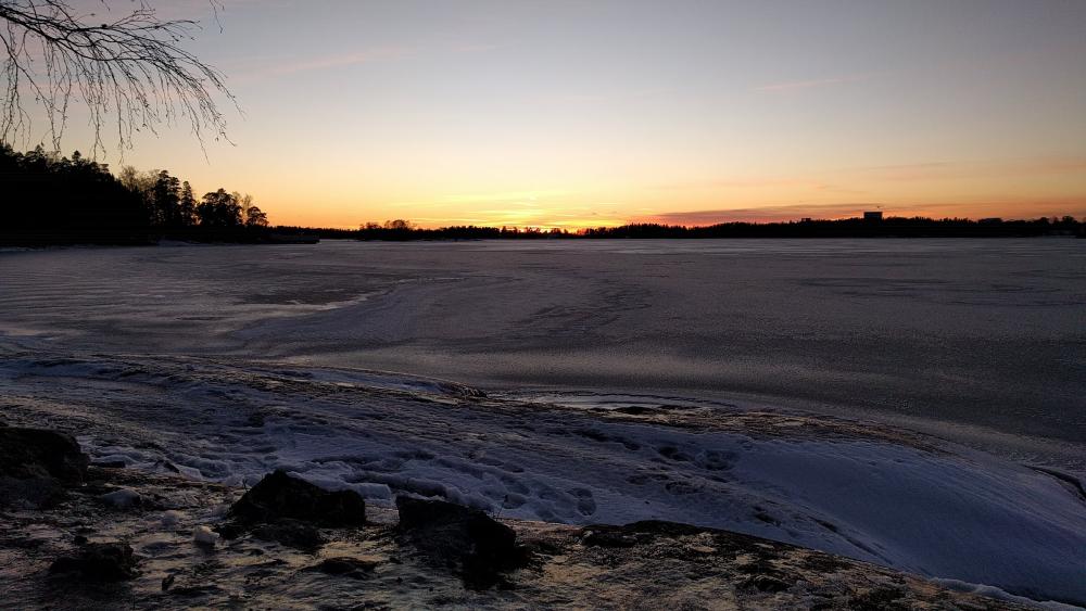 Talvinen maisema jäätyneestä merestä Seurasaaren rannassa Helsingissä. Jalanjälkiä rannan lumikohvassa.