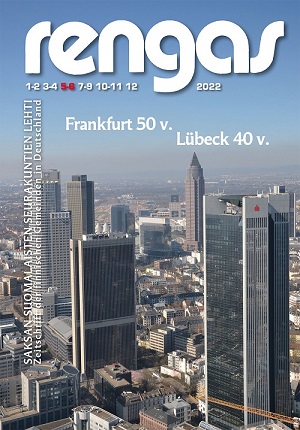 Rengas 5-6 2022 kansikuva. Frankfurtin pilvenpiirtäjiä ja kuvassa teksti Frankfurt 50 v. Lübeck 40 v.