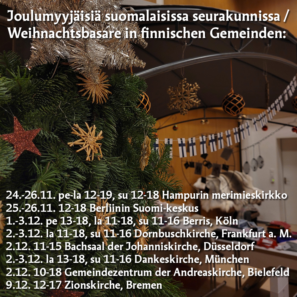 joulukuusi, jonka takana myyjäispöytä jossa mm. porontaljoja. yläpuolella Suomen lipuista lippusiima. Kuvas...