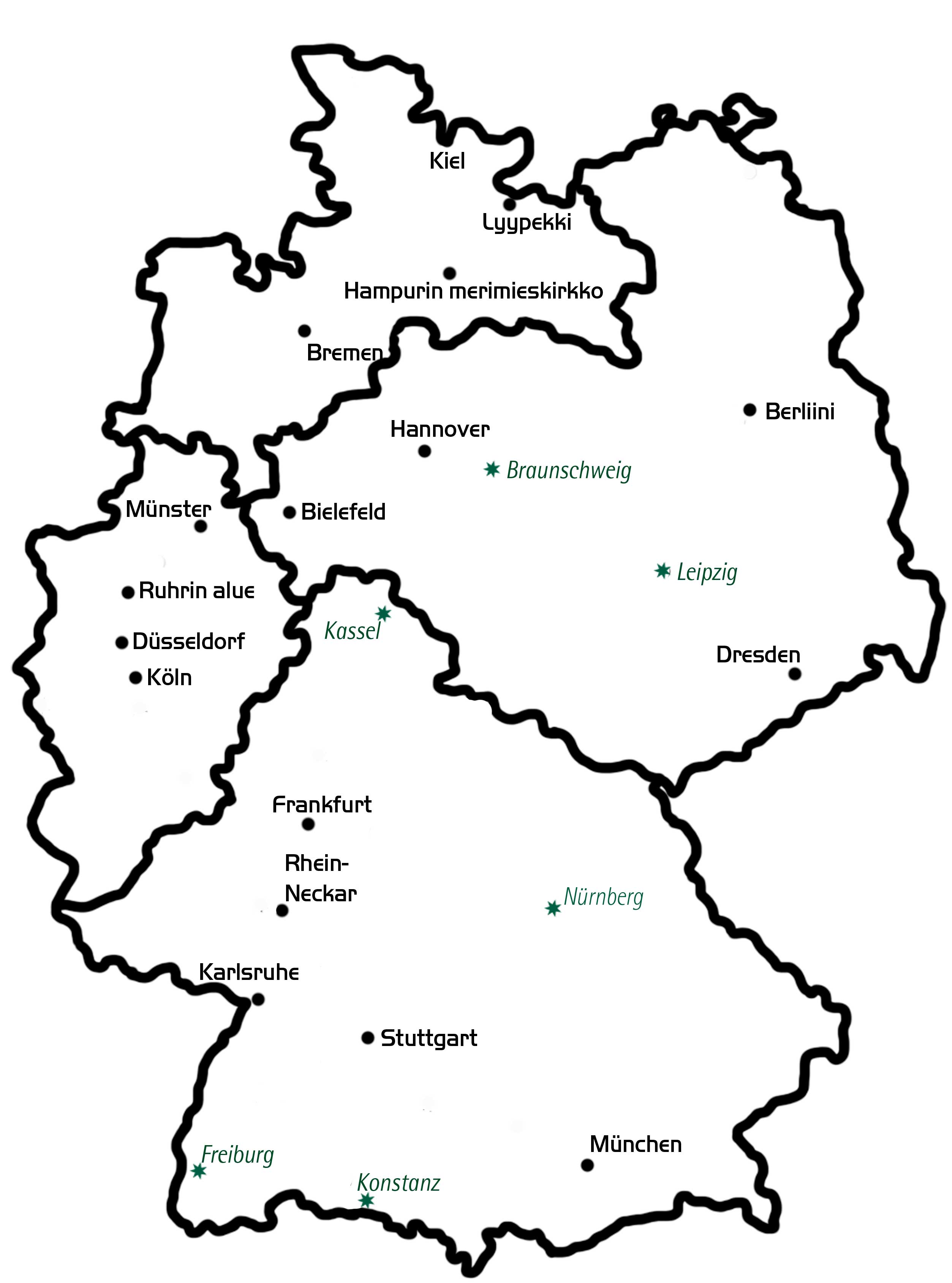 Saksan kartta, johon merkitty suomalaiset seurakunnat ja jumalanpalveluspaikat