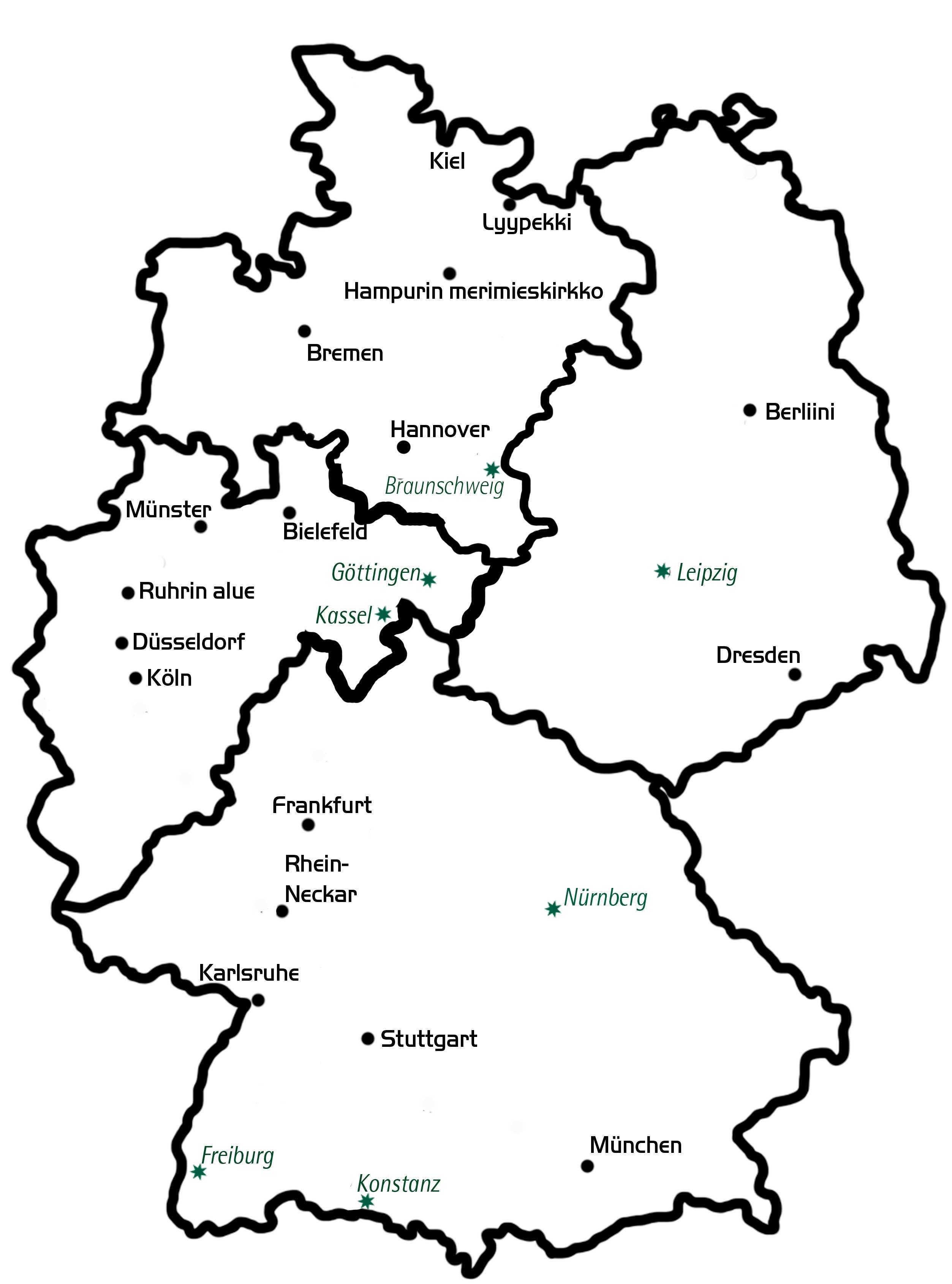 Saksan kartta, johon merkitty suomalaiset seurakunnat ja jumalanpalveluspaikat