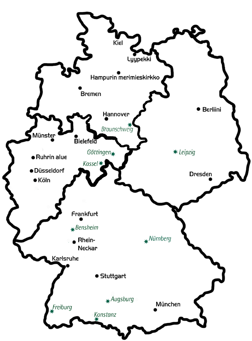 Saksan kartta, jossa mustalla seurakunnat ja vihreällä jumalanpalveluspaikat