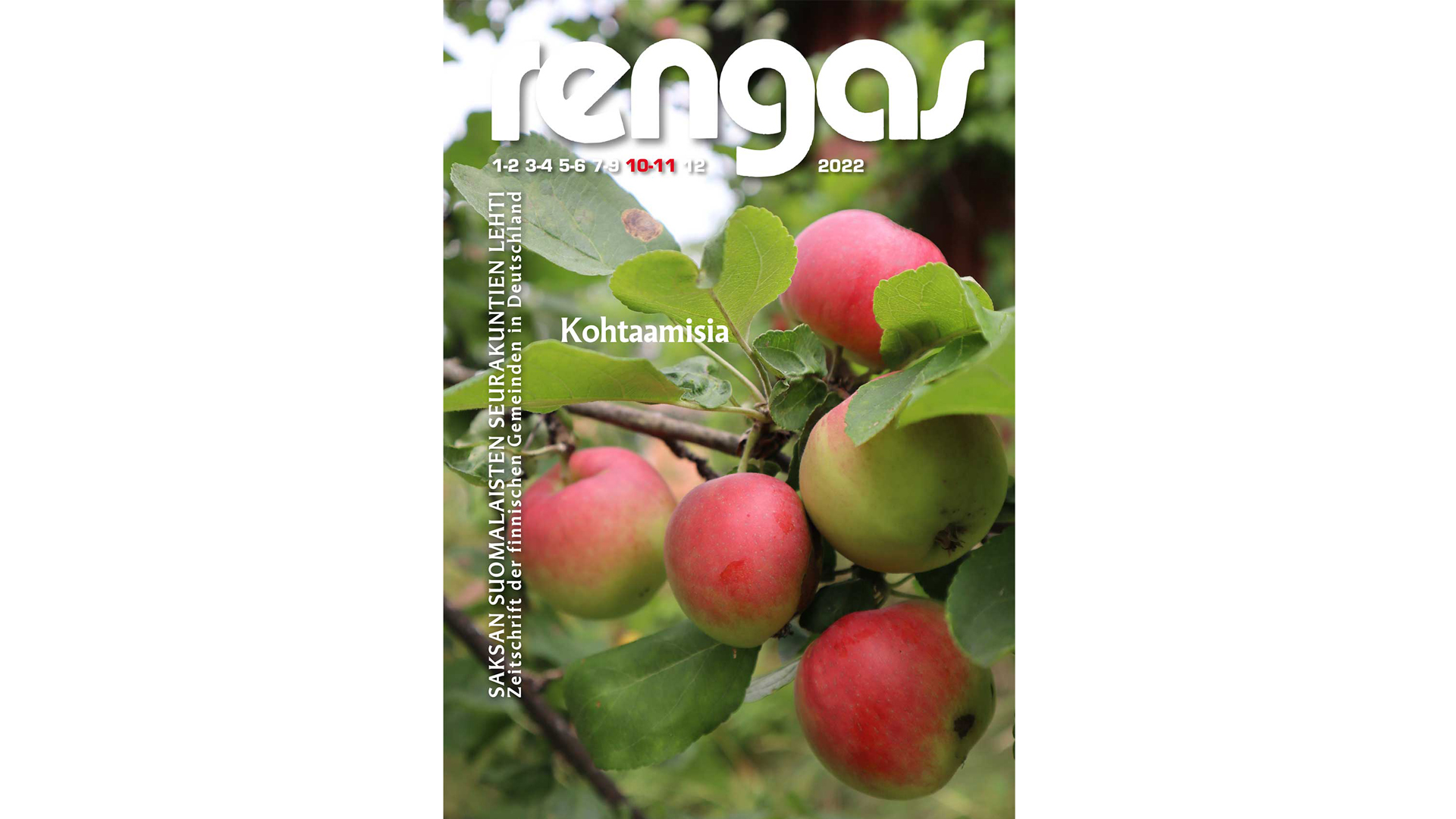 Rengas-lehden 10-11/2022 kansikuva, Omenia puussa, kuvassa teksti Kohtaamisia