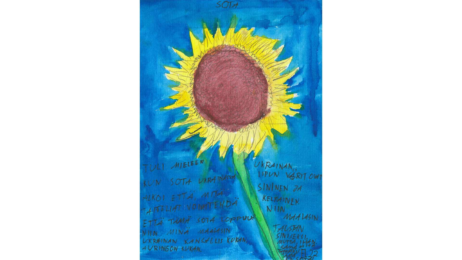 maalattu auringonkukka sinisellä taustalla, jossa lapsen kirjoitusta lyijykynällä