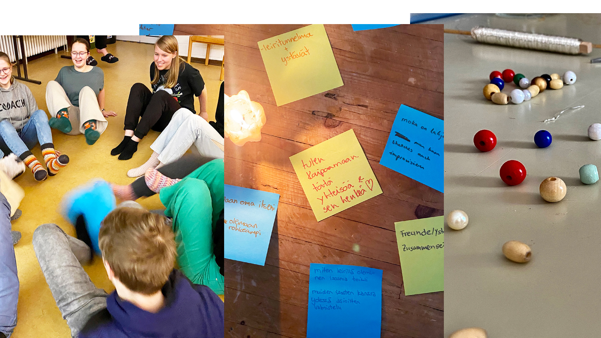 nuoret piirissä lattialla, post it-lappuja joissa tekstiä ja puuhelmiä