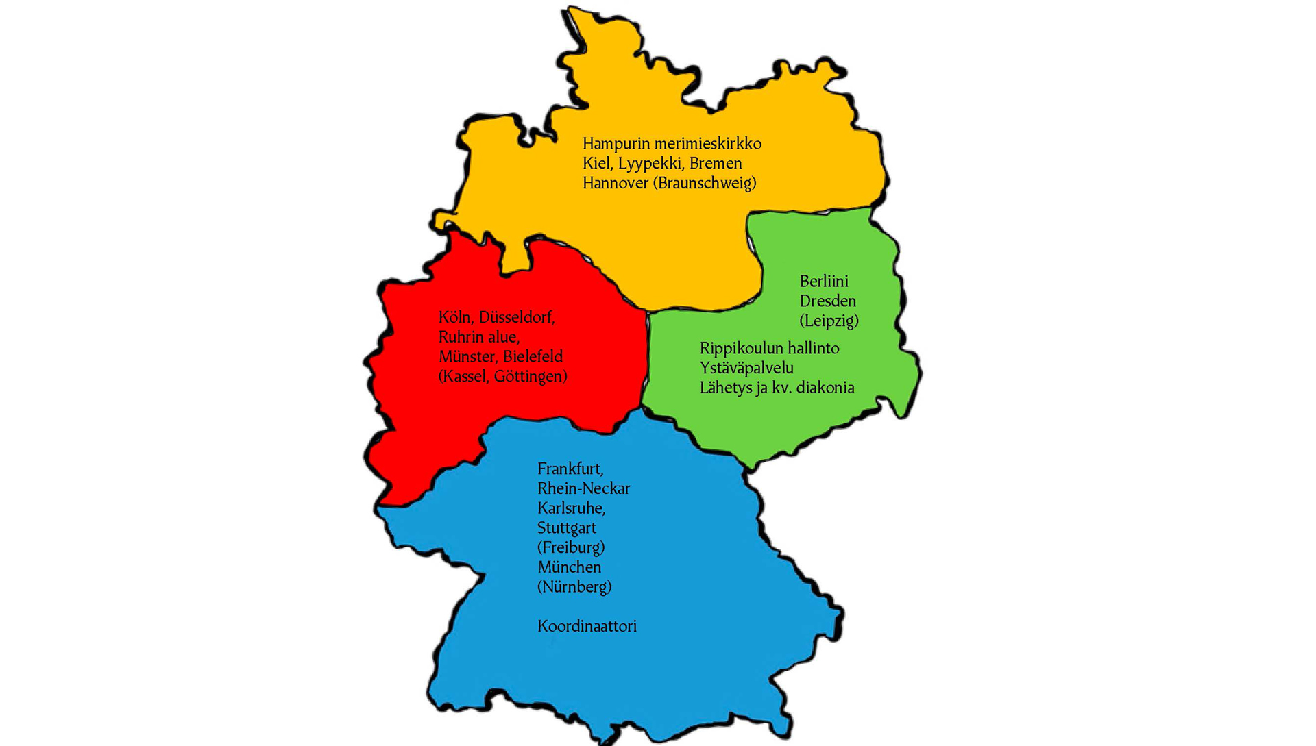Saksan kartta, joka kuvaa tekstissä selostettua pappien aluejakoa 2023–24