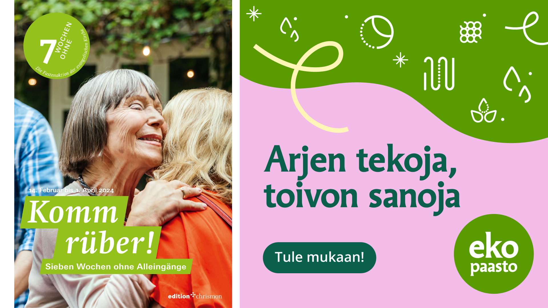 7 Wochen ohne kampanjakuva, halaavat ihmiset. Ekopaaston logo