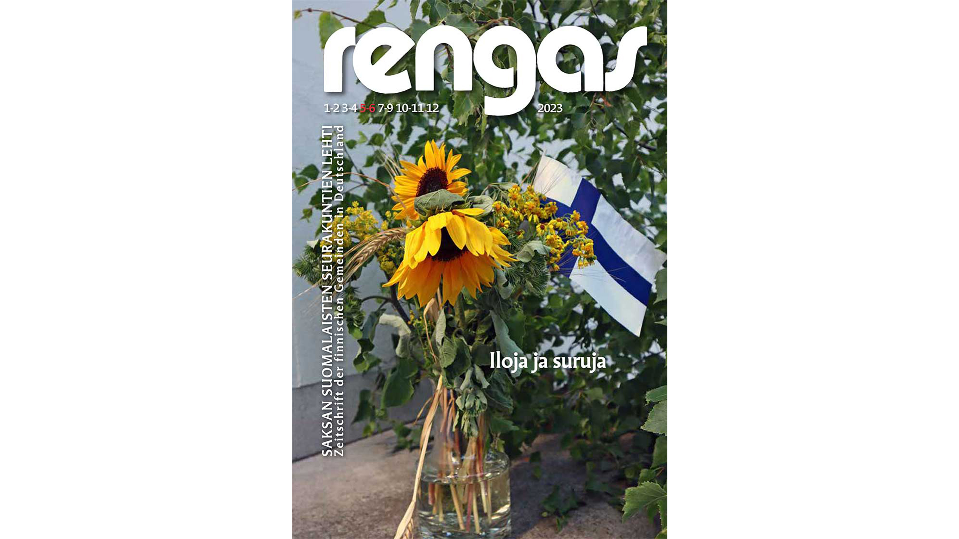 Rengas-lehden 5-6 kansikuva, auringonkukkakimppu jossa Suomen lippu
