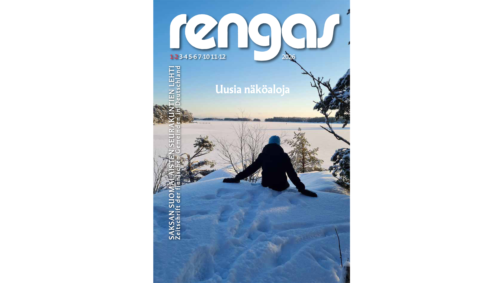 Rengas-lehden 1-2/2026 kansikuva, lapsi talvimaisemassa katsomassa rantakalliolta merelle