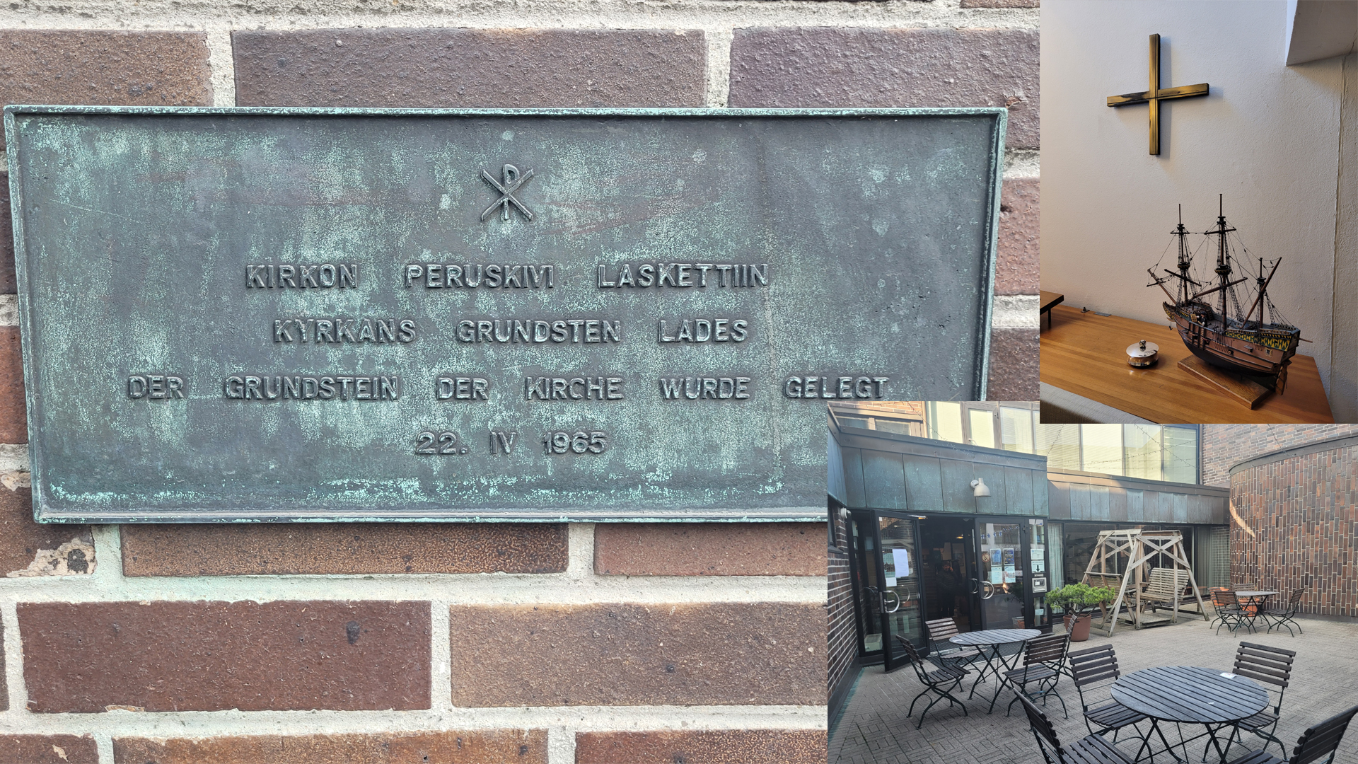 Hampurin merimieskirkon piha, perustamislaatta ja kirkkolaiva alttarilla kollaasina