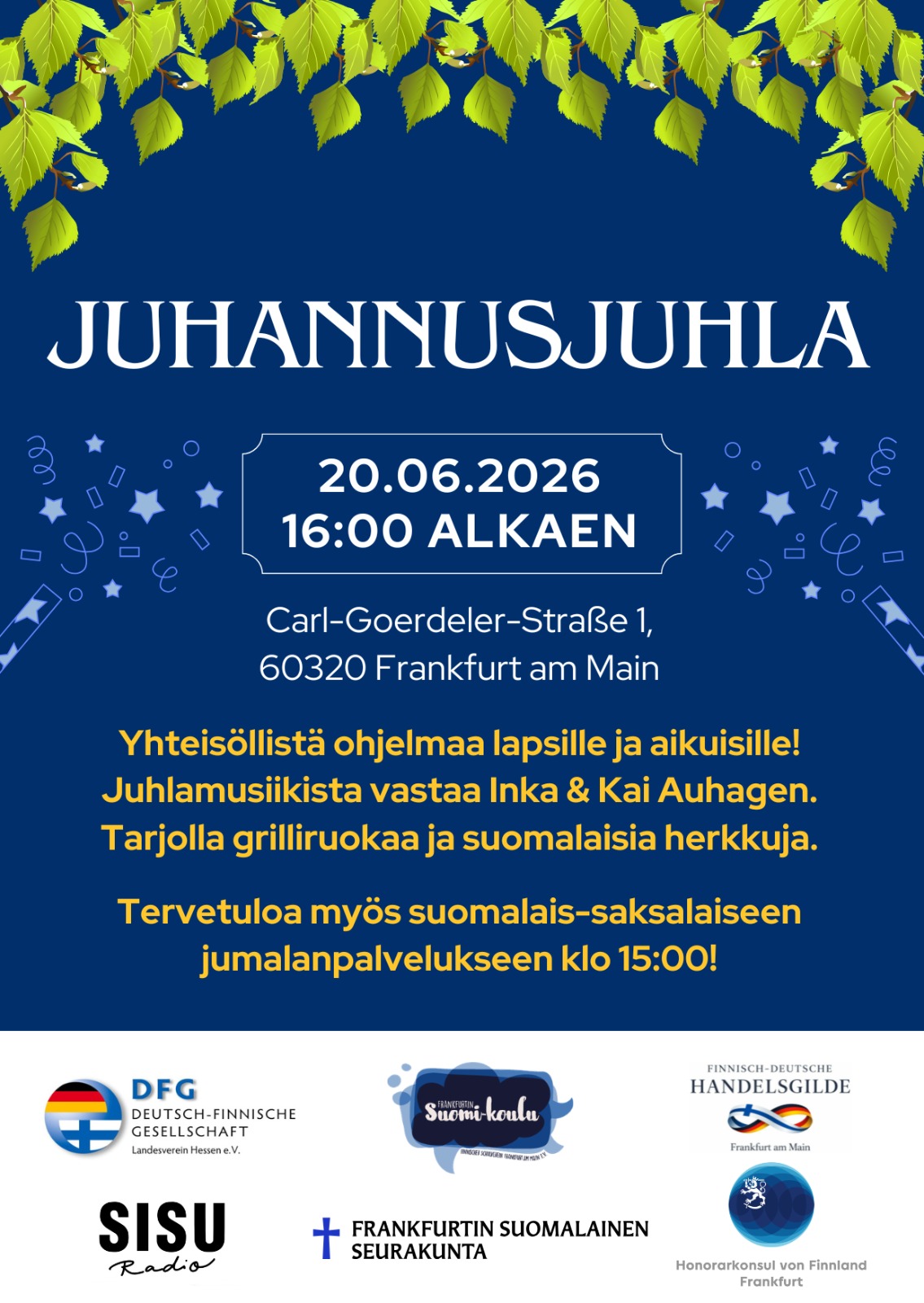 Kuvassa juhannusjuhlien mainos. Koivun oksia ja juhlan järjestäjien logoja.