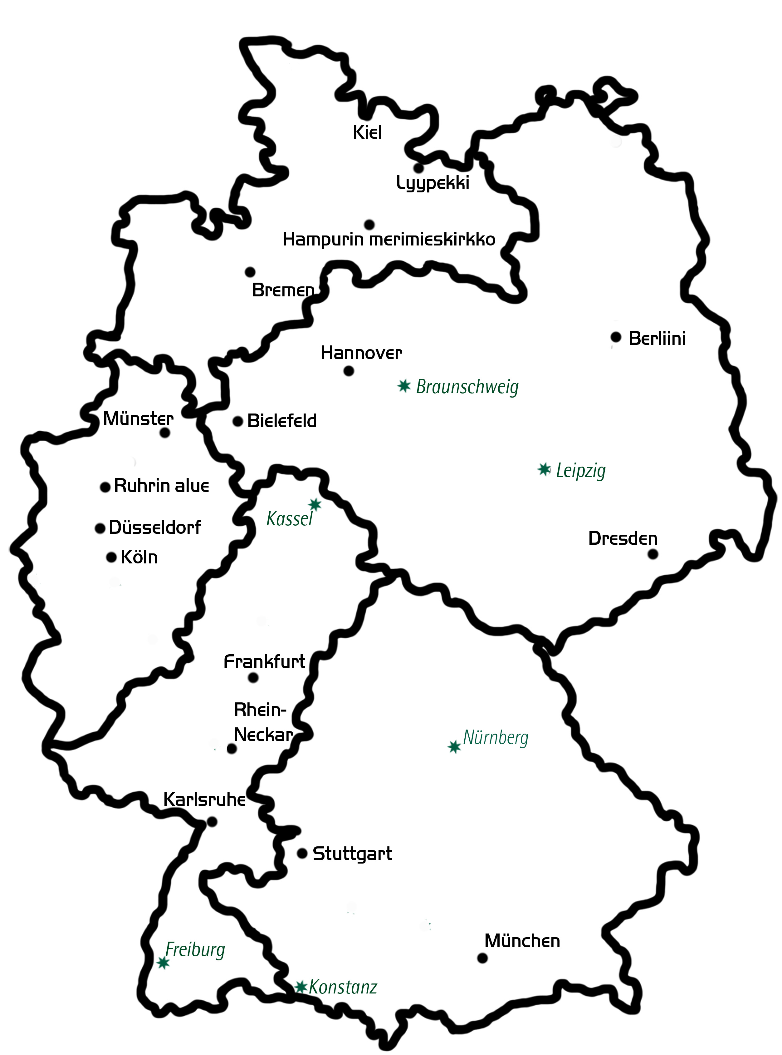 Saksan kartta, johon merkitty suomalaiset seurakunnat ja jumalanpalveluspaikkakunnat