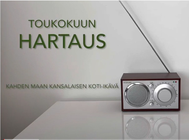 Kuvassa radiovastaanotin ja teksti Toukokuun hartaus. Kahden maan kansalaisen koti-ikävä