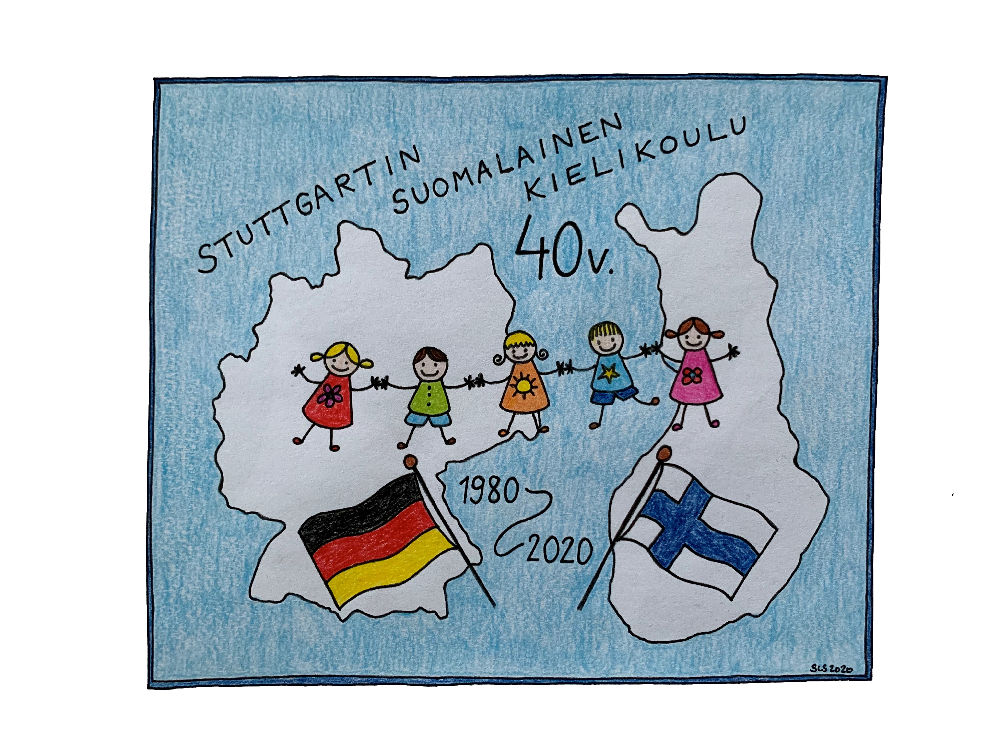 Piirroksessa Saksan ja Suomen kartat ja liput sekä lapsia ja teksti Stuttgartin suomalainen kielikoulu 40 v...