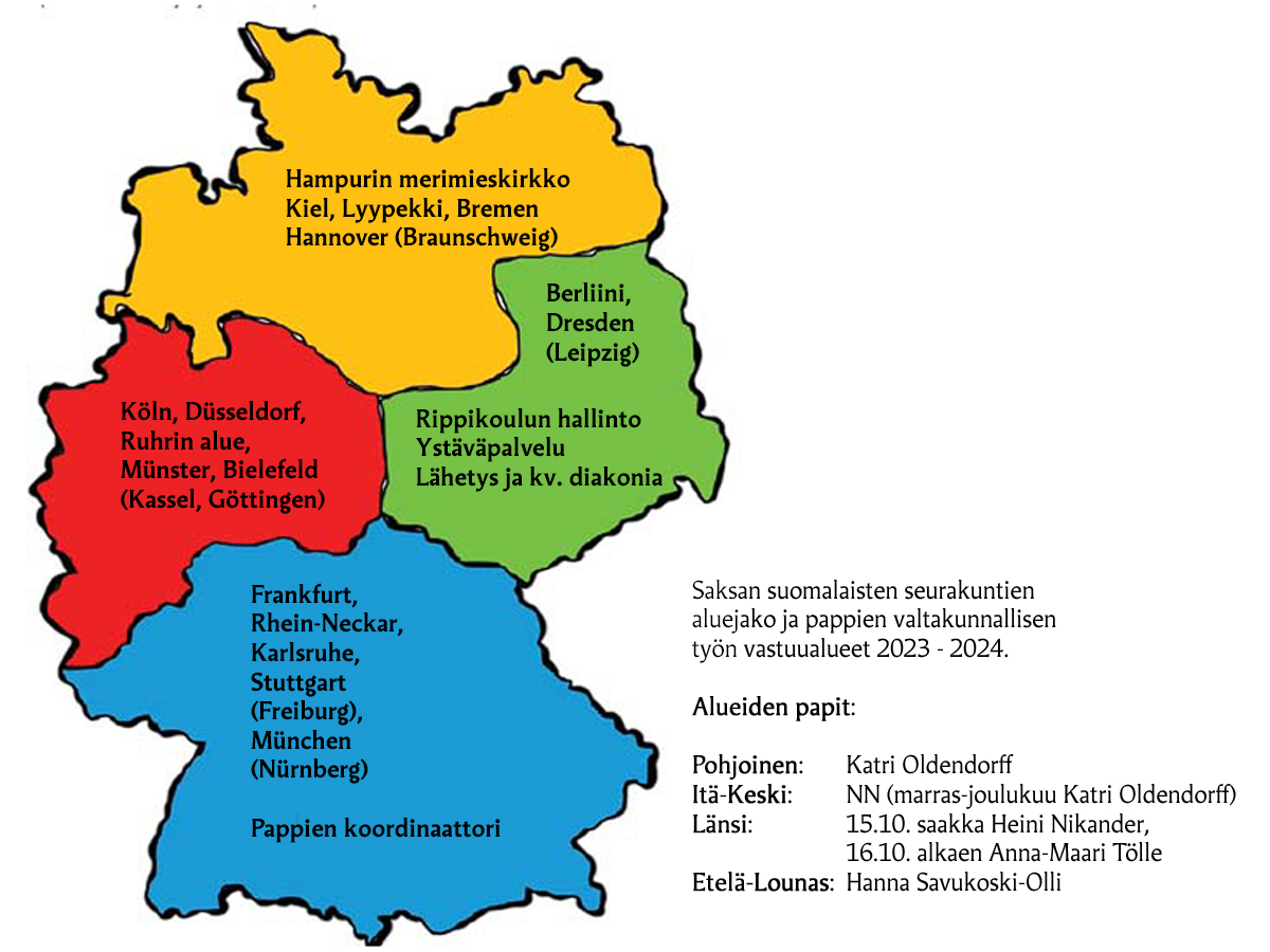 Saksan kartta, johon piirretty pappien työalueiden rajat ja lueteltu seurakunnat
