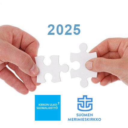 kaksi kättä yhdistää palapelin osia, kuvassa luku 2025 ja Kirkon ulkosuomalaistyön sekä Merimieskirkon logot