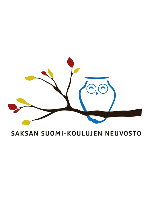 Saksan Suomi-koulujen neuvoston logo: sinivalkoinen pöllö musta-puna-kultaisella oksalla